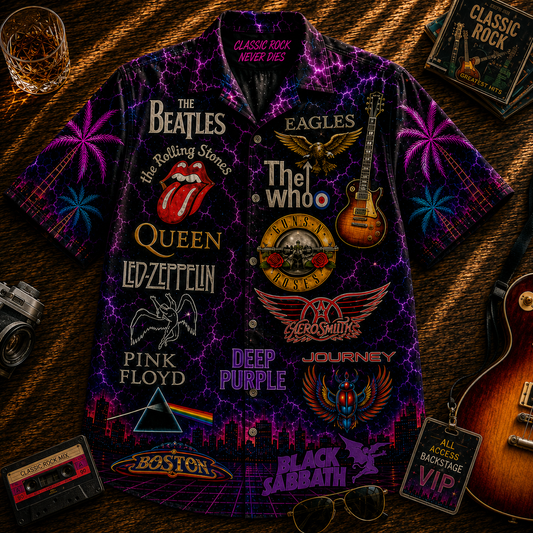 Classic Rock Hawaiian Shirt - Unisex Vintage Rock Band Logo Neon Light Button Up