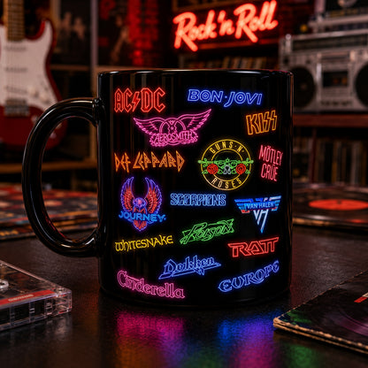 Classic Rock Band Logos Neon Sign Mug – Glowing Hard Rock Ceramic Coffee Cup