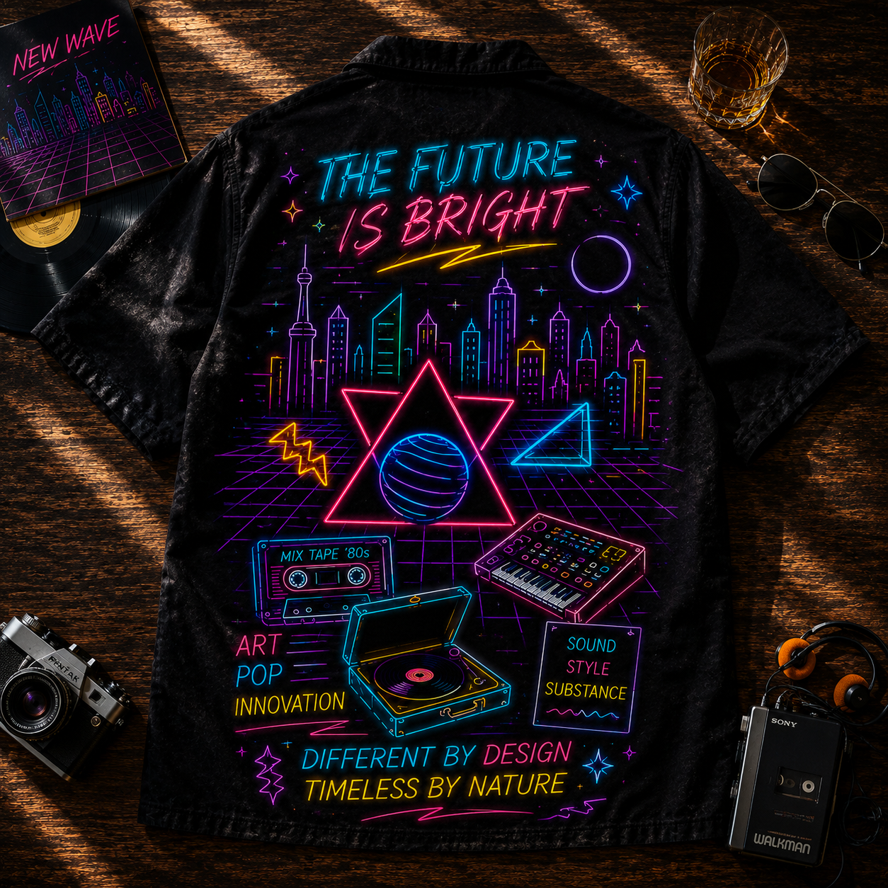 Pop New Wave Art Rock Hawaiian Shirt - Unisex Neon Light Synthesizer Button Up