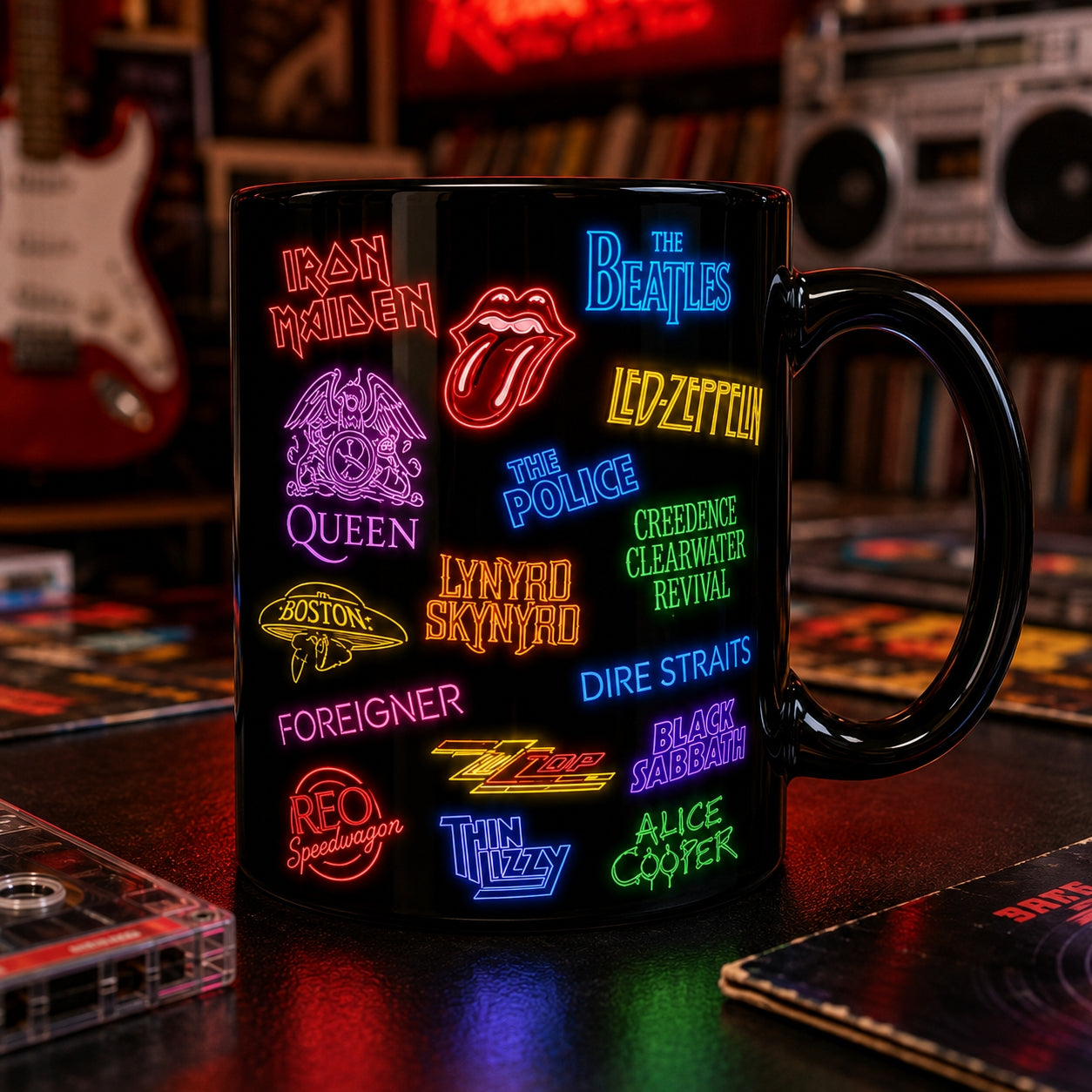 Classic Rock Band Logos Neon Sign Mug – Glowing Hard Rock Ceramic Coffee Cup