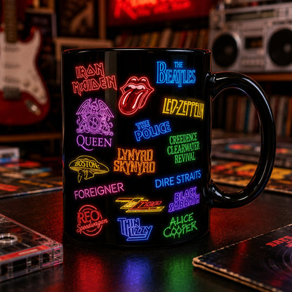 Classic Rock Band Logos Neon Sign Mug – Glowing Hard Rock Ceramic Coffee Cup