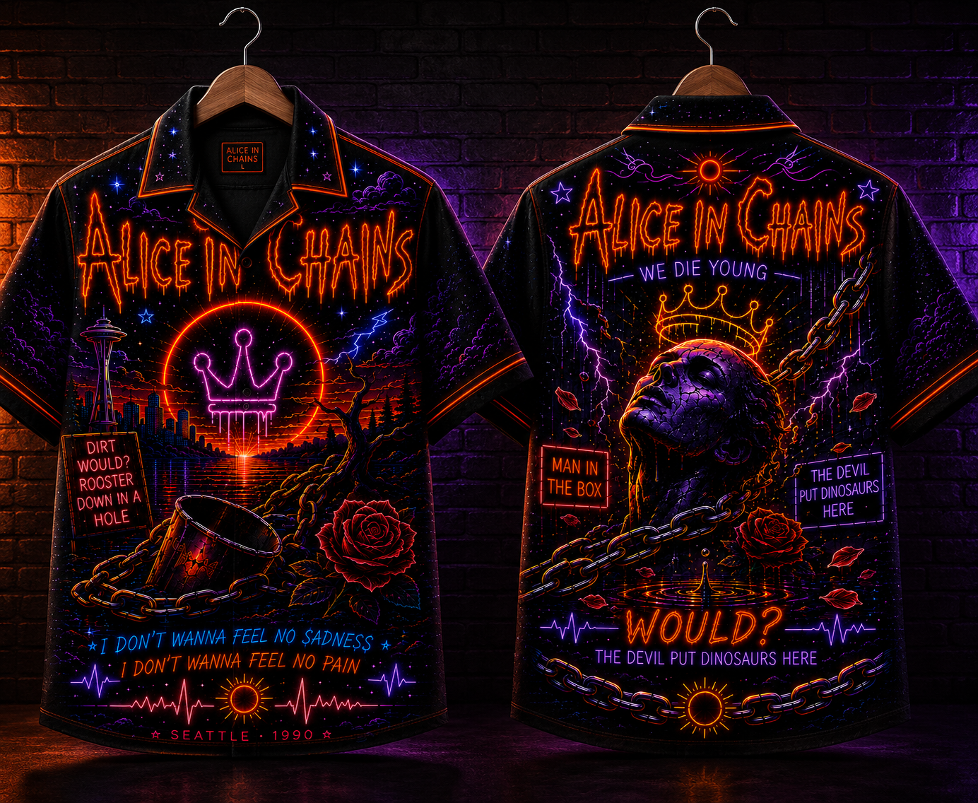 Alice In Chains Hawaiian Shirt - Unisex Neon Light Dripping Crown Button Up