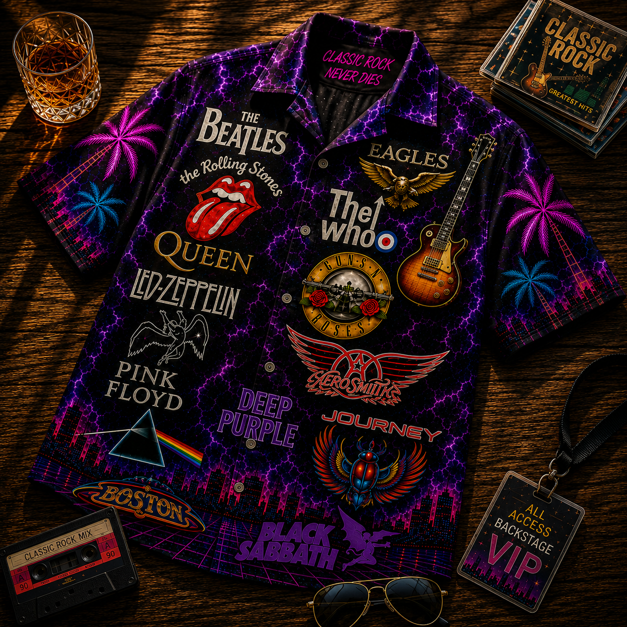 Classic Rock Hawaiian Shirt - Unisex Vintage Rock Band Logo Neon Light Button Up