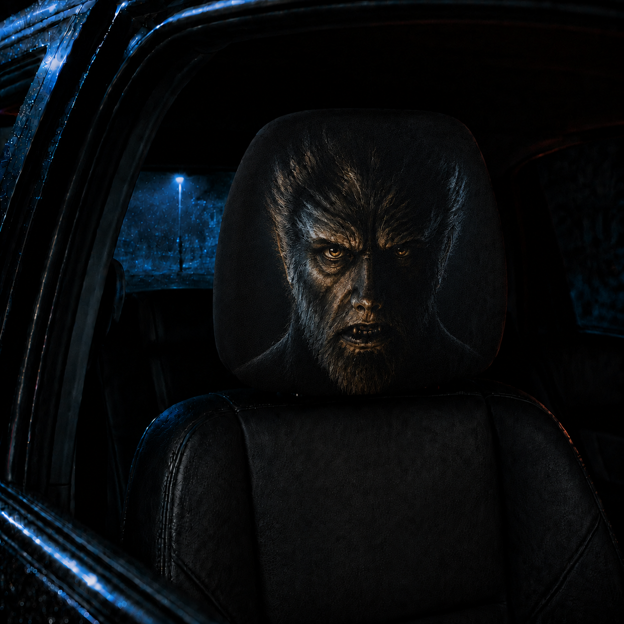 Wolfman Horror Movie Headrest Cover – Spooky Halloween Car Accessory