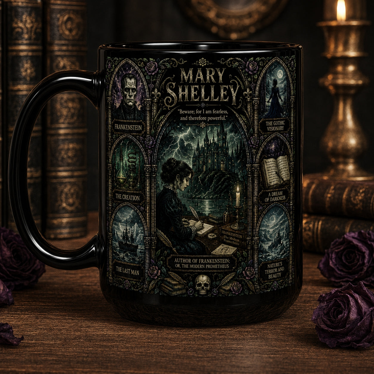 Mary Shelley Ceramic Mug – Dark Gothic Stained Glass Frankenstein Novelist Fan Gift