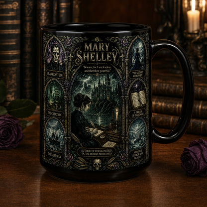 Mary Shelley Ceramic Mug – Dark Gothic Stained Glass Frankenstein Novelist Fan Gift