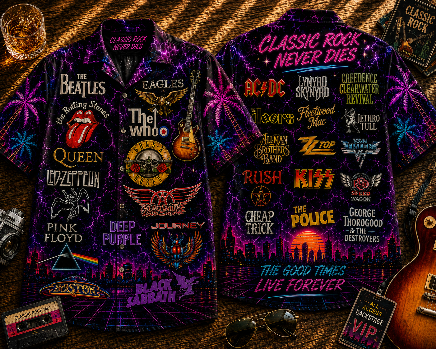 Classic Rock Hawaiian Shirt - Unisex Vintage Rock Band Logo Neon Light Button Up