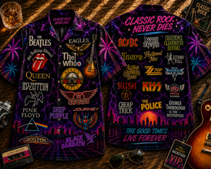 Classic Rock Hawaiian Shirt - Unisex Vintage Rock Band Logo Neon Light Button Up