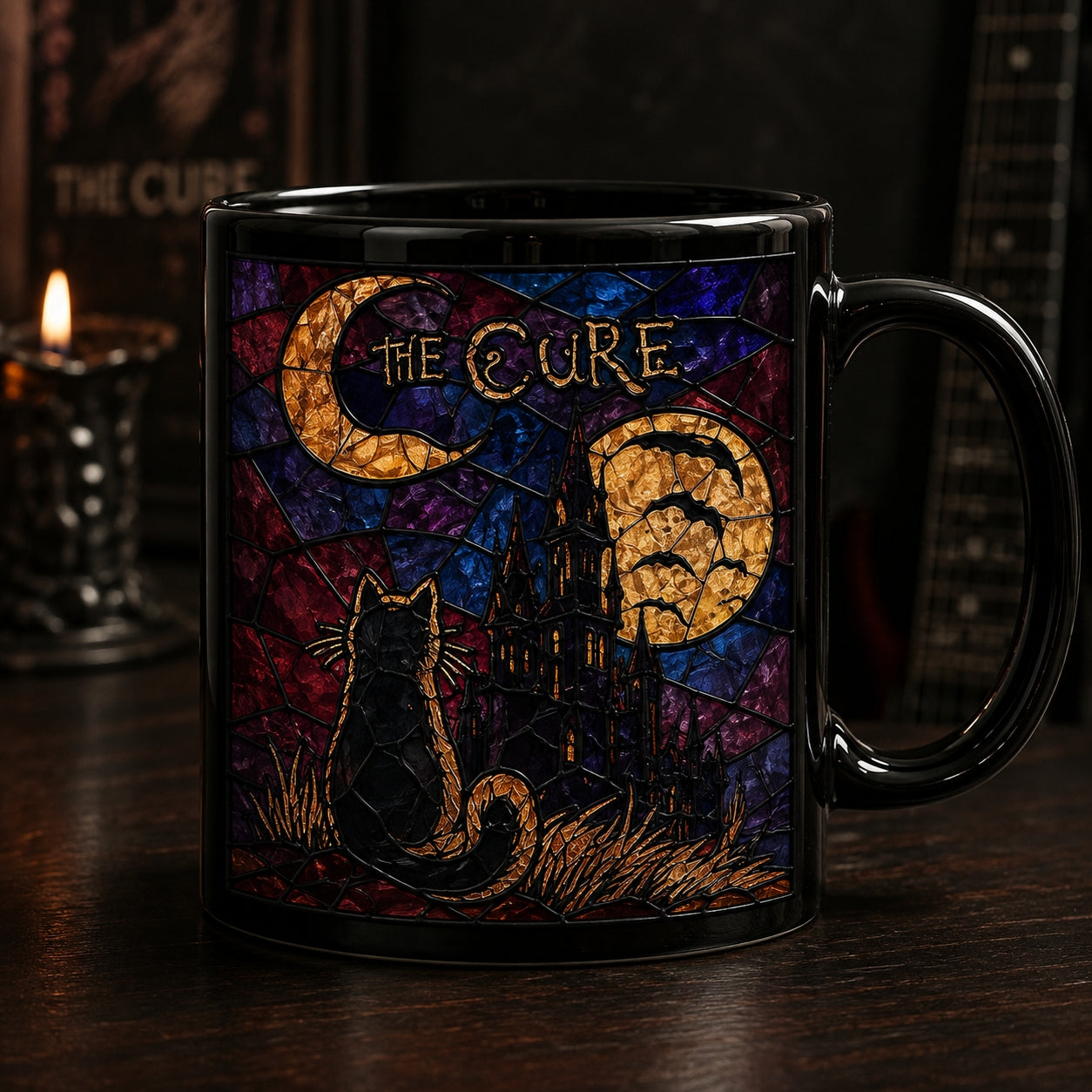 The Cure Stained Glass Mug – Gothic Black Cat & Full Moon Rock Ceramic Coffee Cup