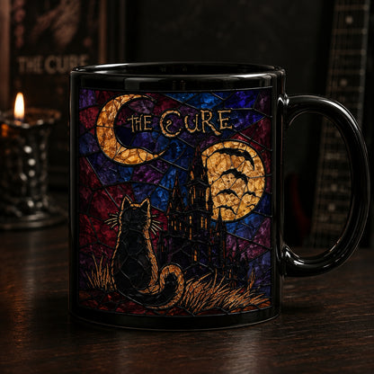 The Cure Stained Glass Mug – Gothic Black Cat & Full Moon Rock Ceramic Coffee Cup
