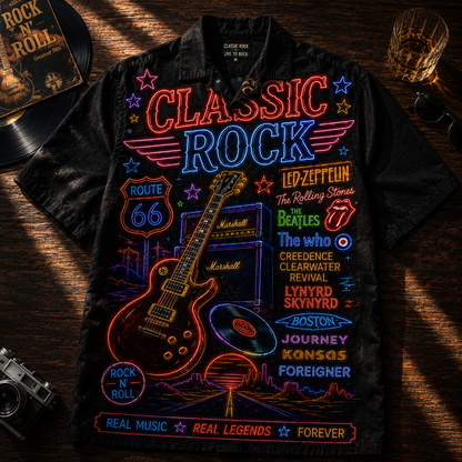 Classic Rock Hawaiian Shirt - Unisex Neon Light Gibson Guitar Jukebox Button Up