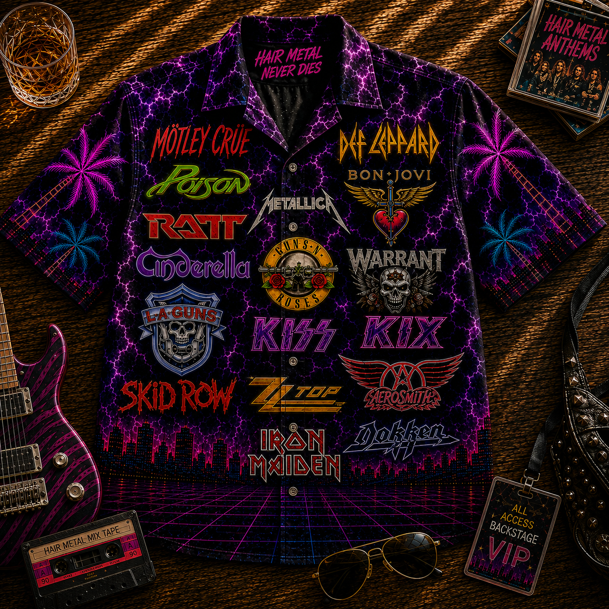 Hair Metal Hawaiian Shirt - Unisex Vintage 80s Glam Metal Band Logo Neon Button Up