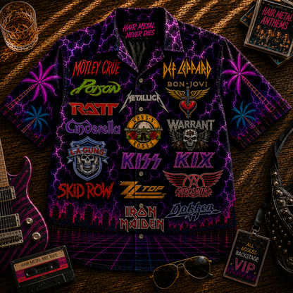 Hair Metal Hawaiian Shirt - Unisex Vintage 80s Glam Metal Band Logo Neon Button Up