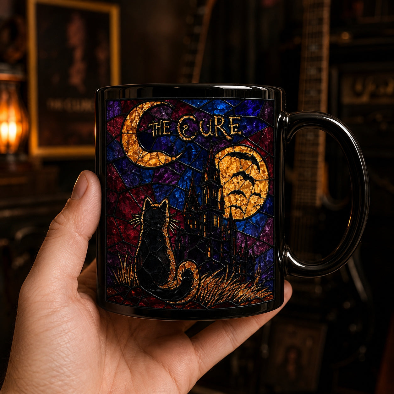The Cure Stained Glass Mug – Gothic Black Cat & Full Moon Rock Ceramic Coffee Cup