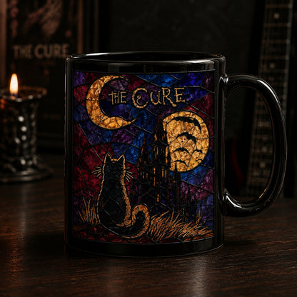 The Cure Stained Glass Mug – Gothic Black Cat & Full Moon Rock Ceramic Coffee Cup