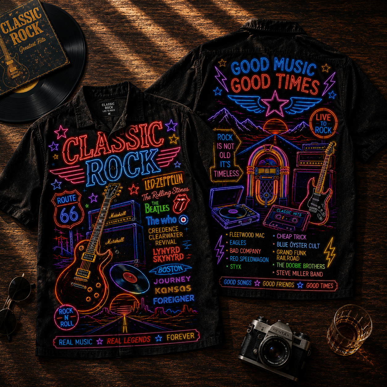Classic Rock Hawaiian Shirt - Unisex Neon Light Gibson Guitar Jukebox Button Up