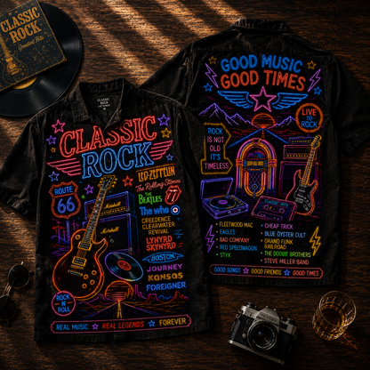 Classic Rock Hawaiian Shirt - Unisex Neon Light Gibson Guitar Jukebox Button Up