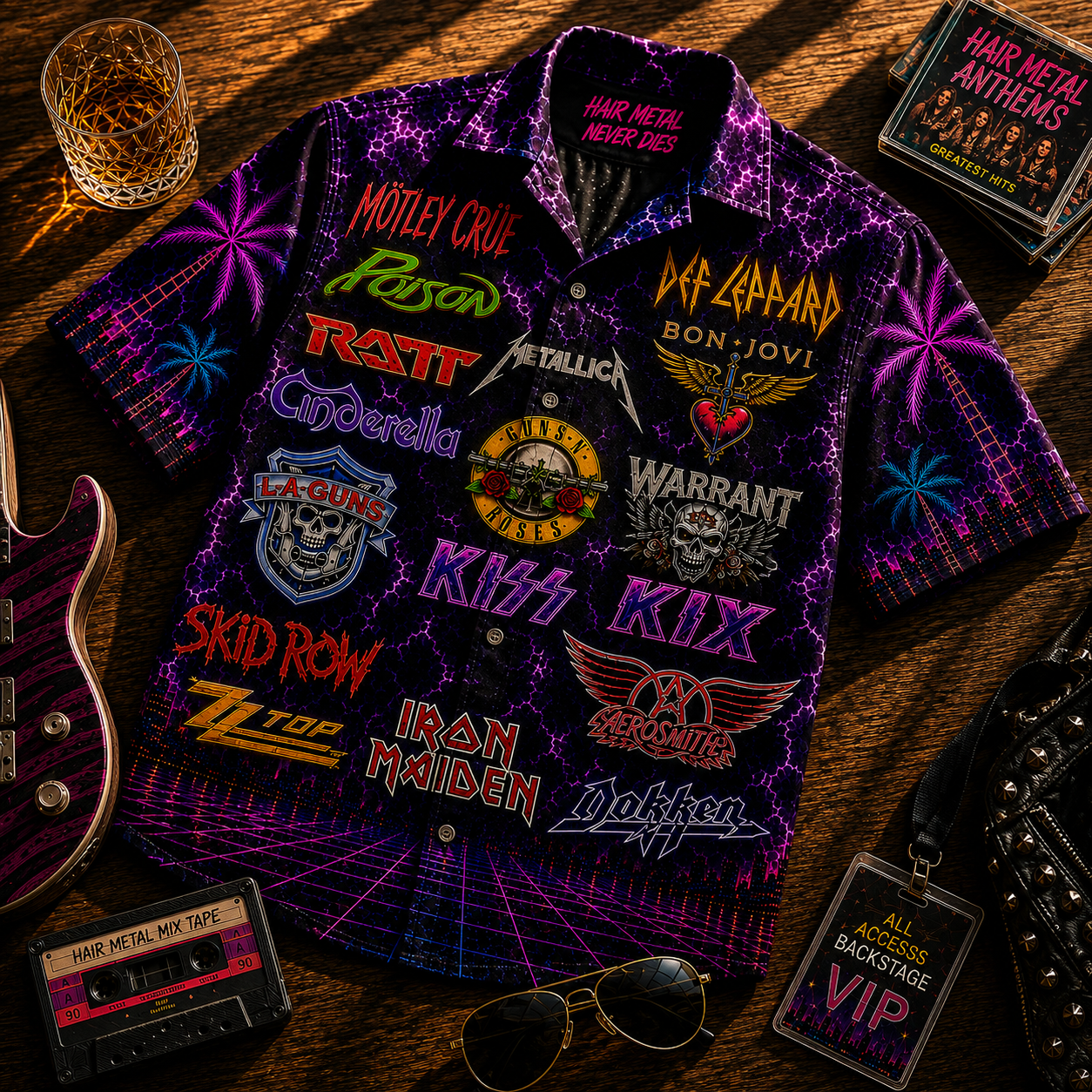 Hair Metal Hawaiian Shirt - Unisex Vintage 80s Glam Metal Band Logo Neon Button Up