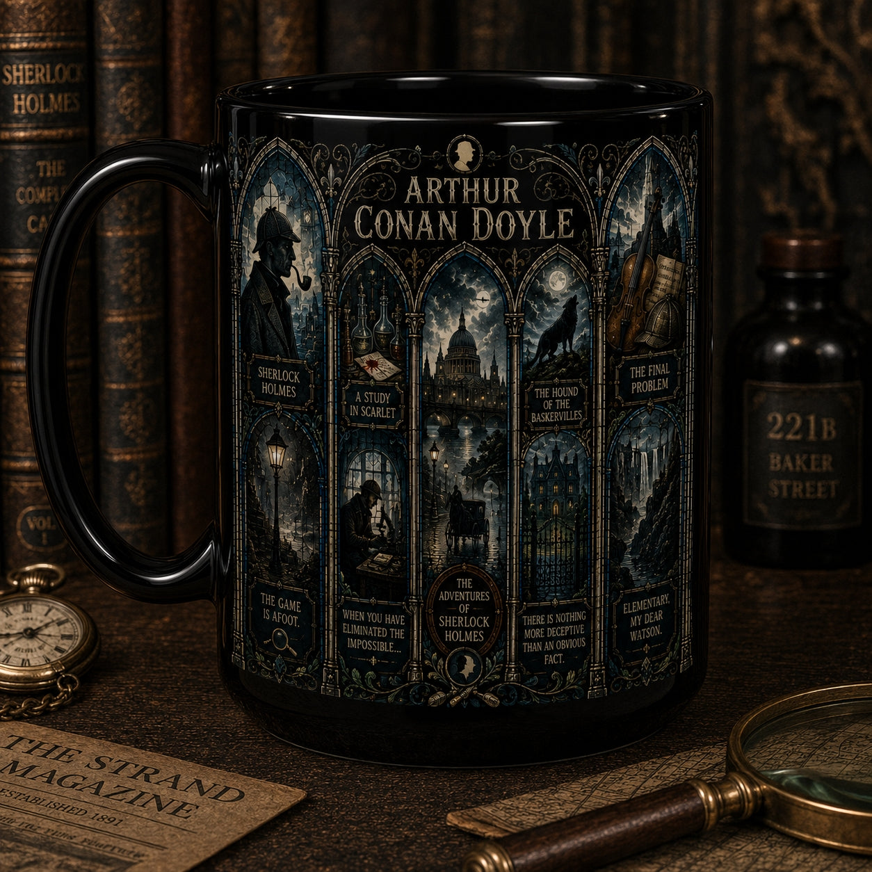 Arthur Conan Doyle Mug – Stained Glass Sherlock Holmes Ceramic Coffee Cup