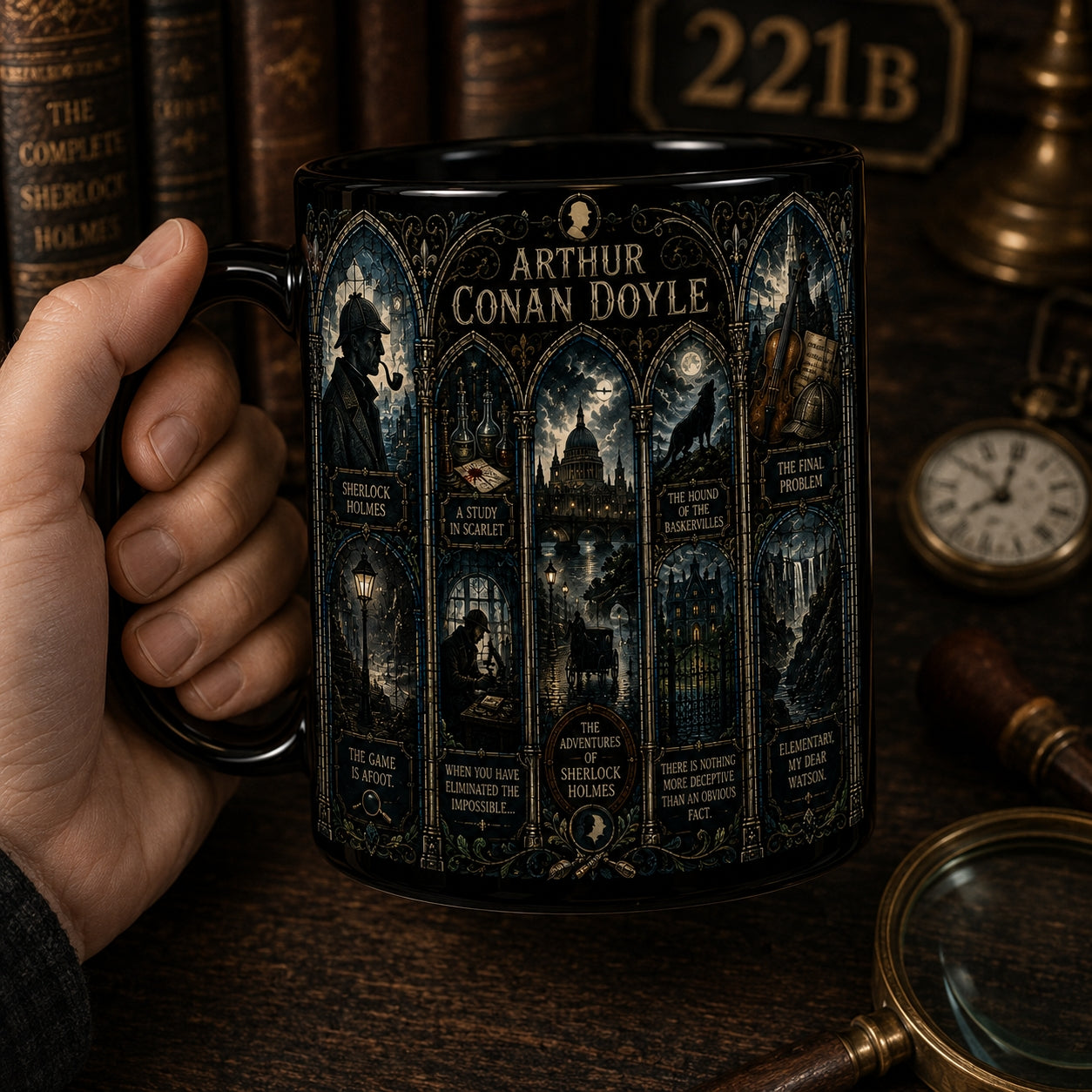 Arthur Conan Doyle Mug – Stained Glass Sherlock Holmes Ceramic Coffee Cup