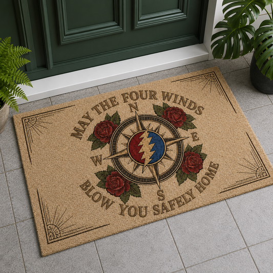 Grateful Dead Inspired Doormat – “May the Four Winds Blow You Safely Home” Welcome Mat, Hippie Compass Rose Door Mat, Gift for Deadheads