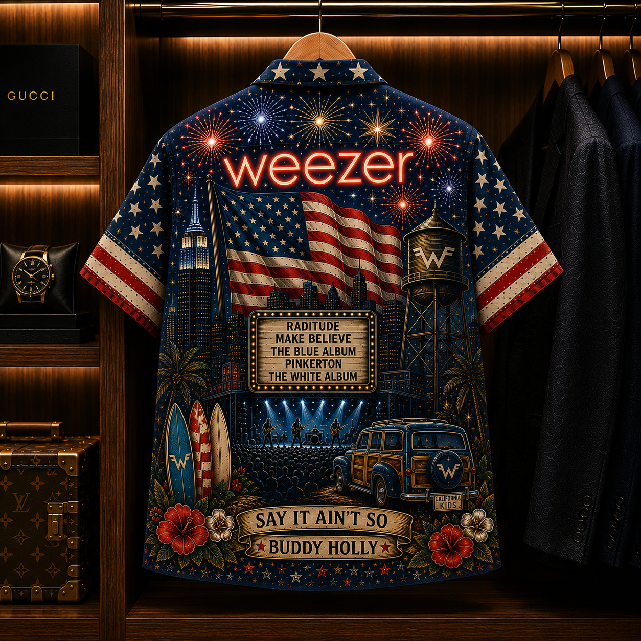 Weezer Band Hawaiian Shirt - Unisex Vintage Flying W Logo California Kids Button Up