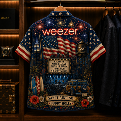 Weezer Band Hawaiian Shirt - Unisex Vintage Flying W Logo California Kids Button Up