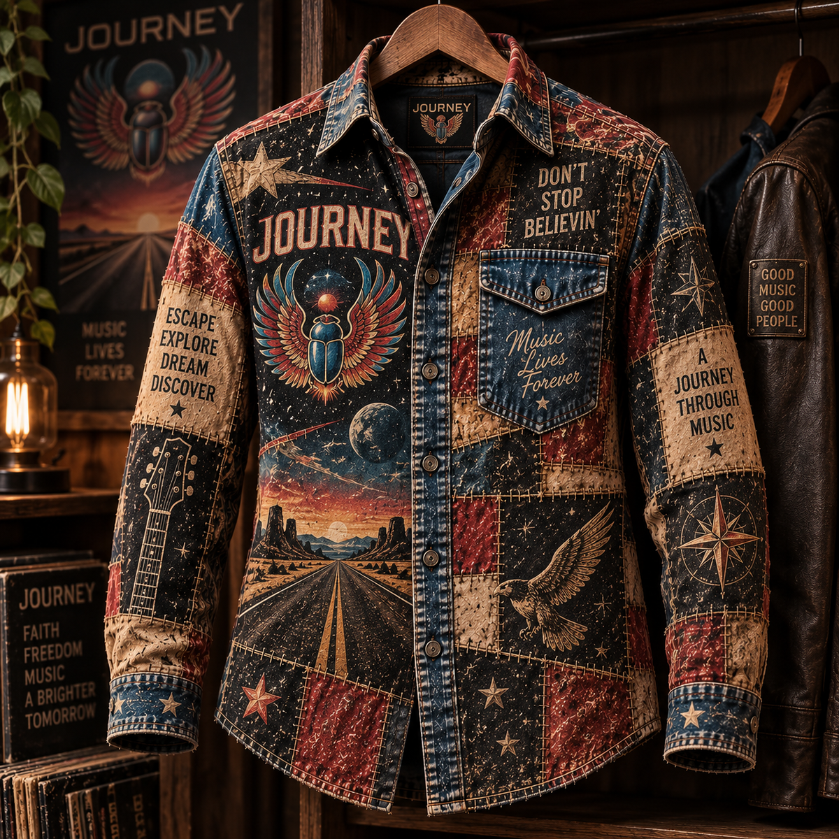 Journey Patchwork Long Sleeve Shirt – Don’t Stop Believin’, Scarab & Open Road Vintage Rock Button Up, Classic Journey Fan Gift