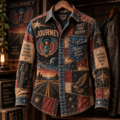 Journey Patchwork Long Sleeve Shirt – Don’t Stop Believin’, Scarab & Open Road Vintage Rock Button Up, Classic Journey Fan Gift