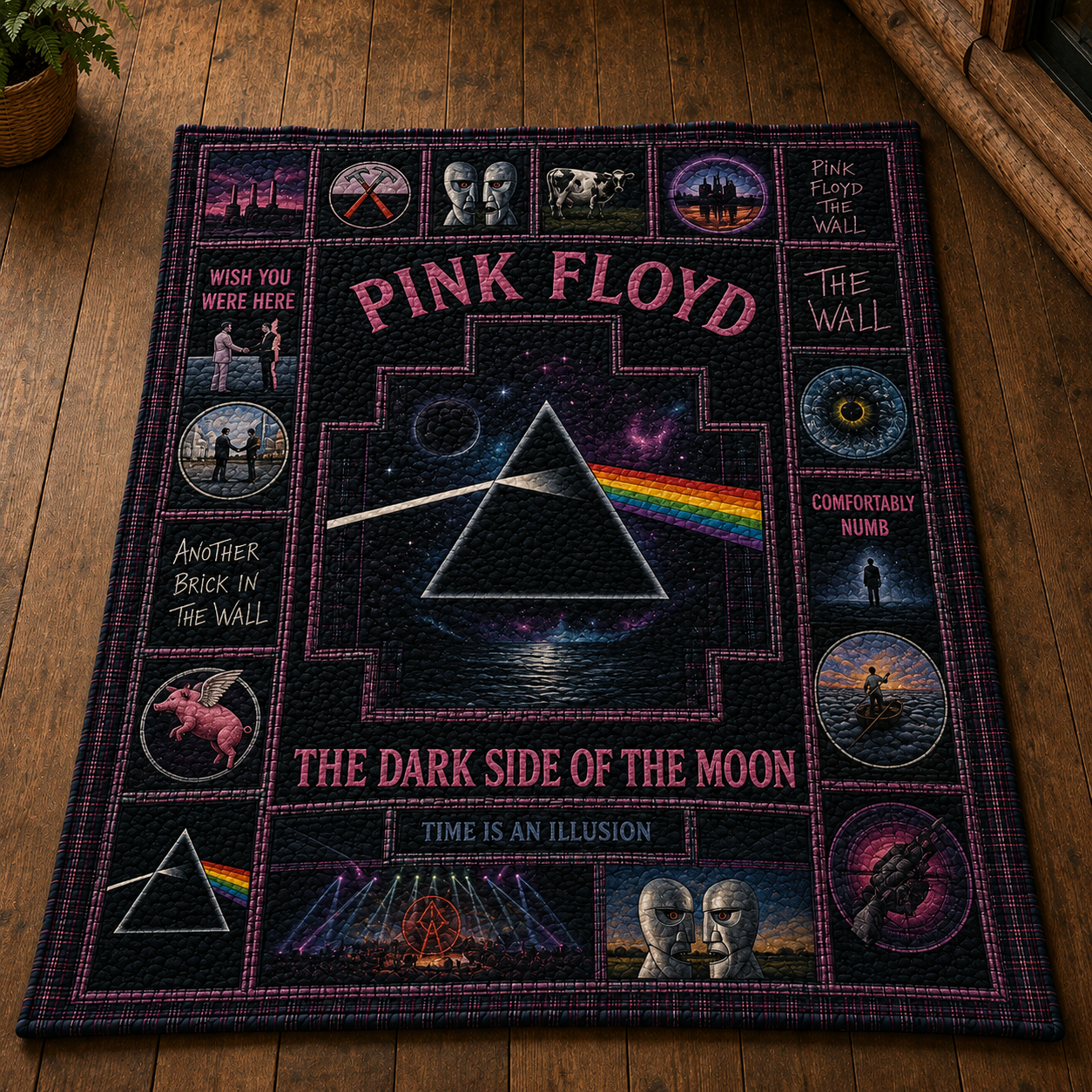 Pink Floyd Quilt Blanket – Dark Side of the Moon Sherpa Throw, Vintage Patchwork Rock Blanket, Classic Music Fan Gift
