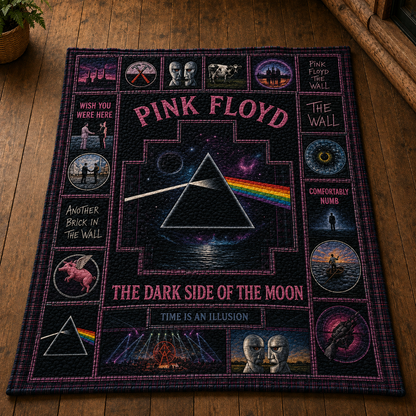 Pink Floyd Quilt Blanket – Dark Side of the Moon Sherpa Throw, Vintage Patchwork Rock Blanket, Classic Music Fan Gift