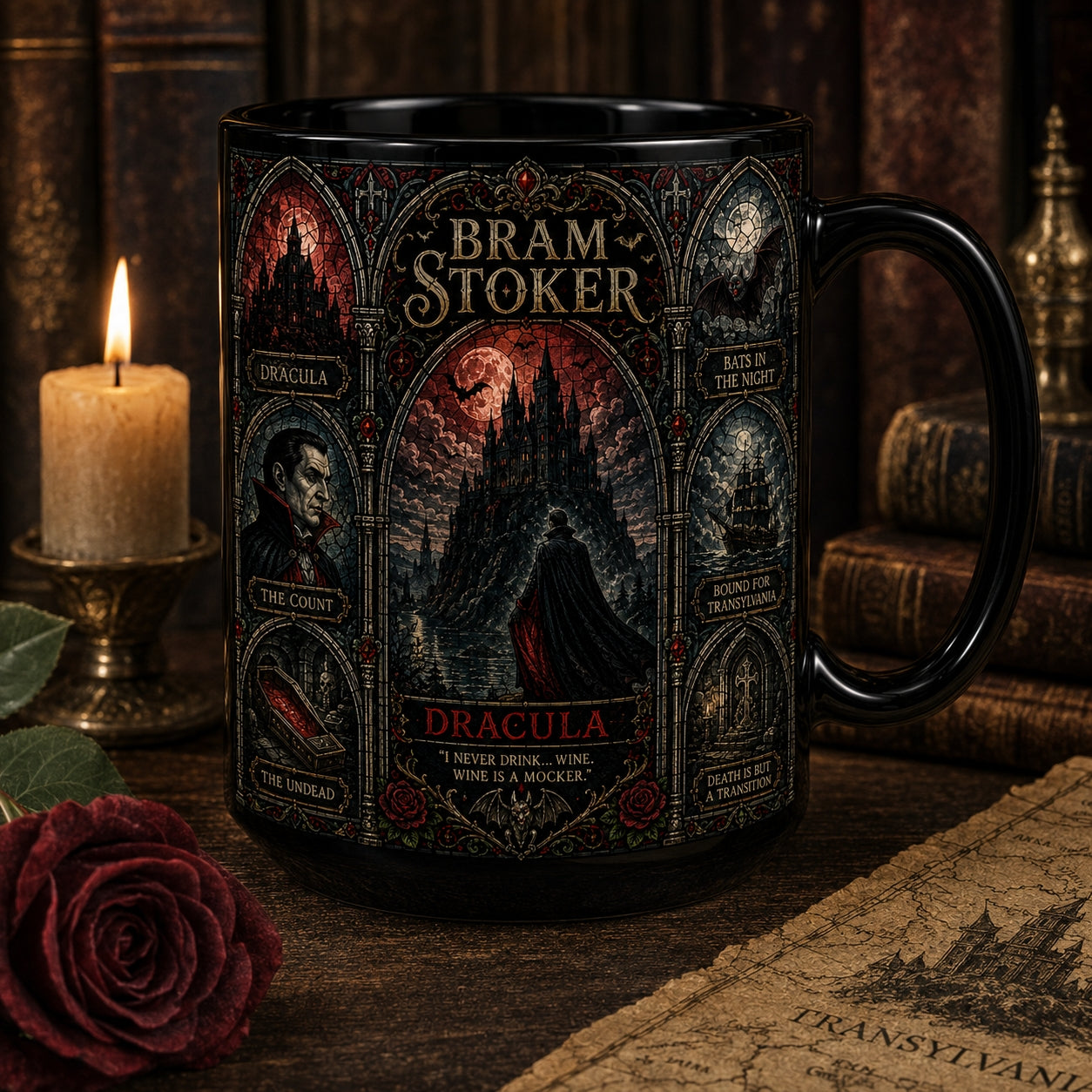 Bram Stoker Dracula Mug – Stained Glass Gothic Horror Vampire Ceramic Coffee Cup