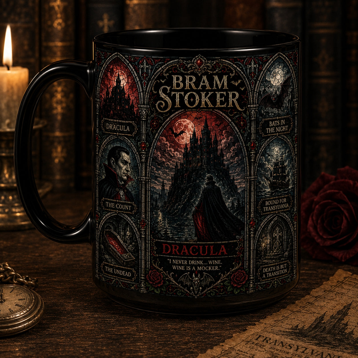 Bram Stoker Dracula Mug – Stained Glass Gothic Horror Vampire Ceramic Coffee Cup