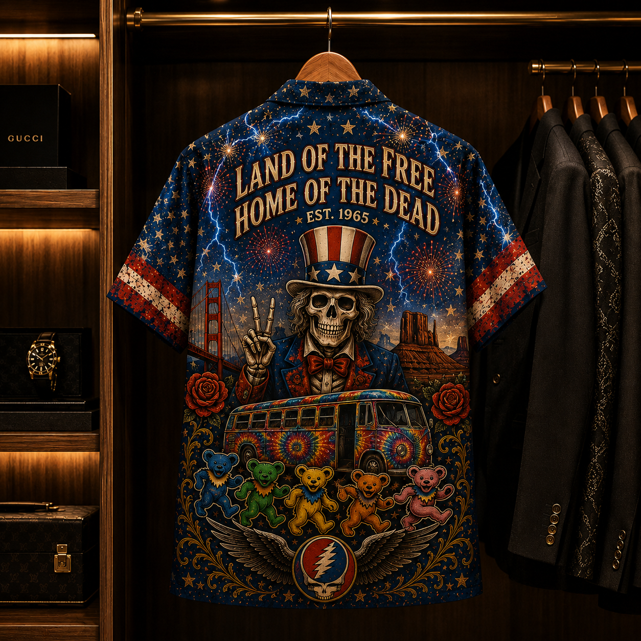 Grateful Dead Hawaiian Shirt - Patriotic American Rock Band All Over Print AOP Button Up Shirt for Deadhead Fans