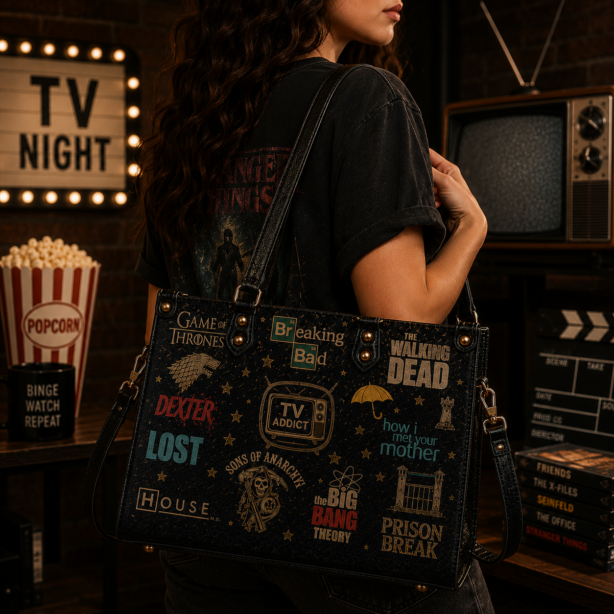 TV Series Faux Leather Handbag – Vintage TV Show Lover Shoulder Tote Bag for Binge Watch Fans