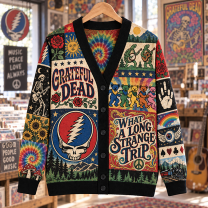 Grateful Dead Wool Cardigan, Steal Your Face Dancing Bears Patchwork Knit Sweater, Vintage Psychedelic Jam Band Gift