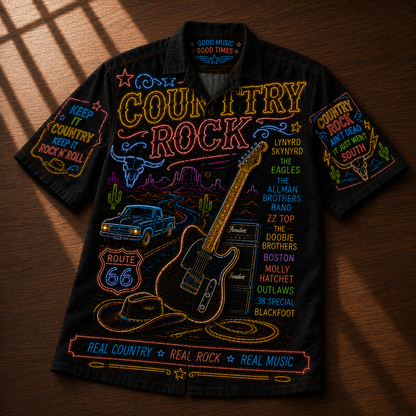 Country Rock Hawaiian Shirt - Unisex Neon Light Fender Guitar Route 66 Button Up