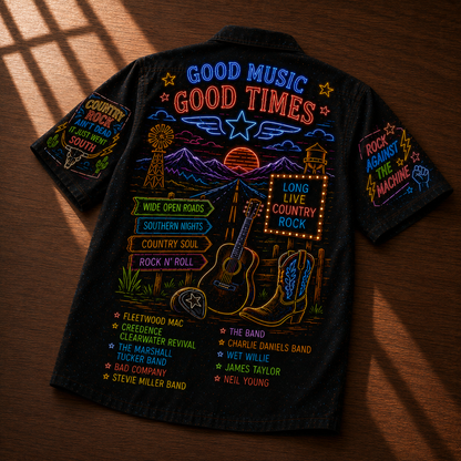Country Rock Hawaiian Shirt - Unisex Neon Light Fender Guitar Route 66 Button Up