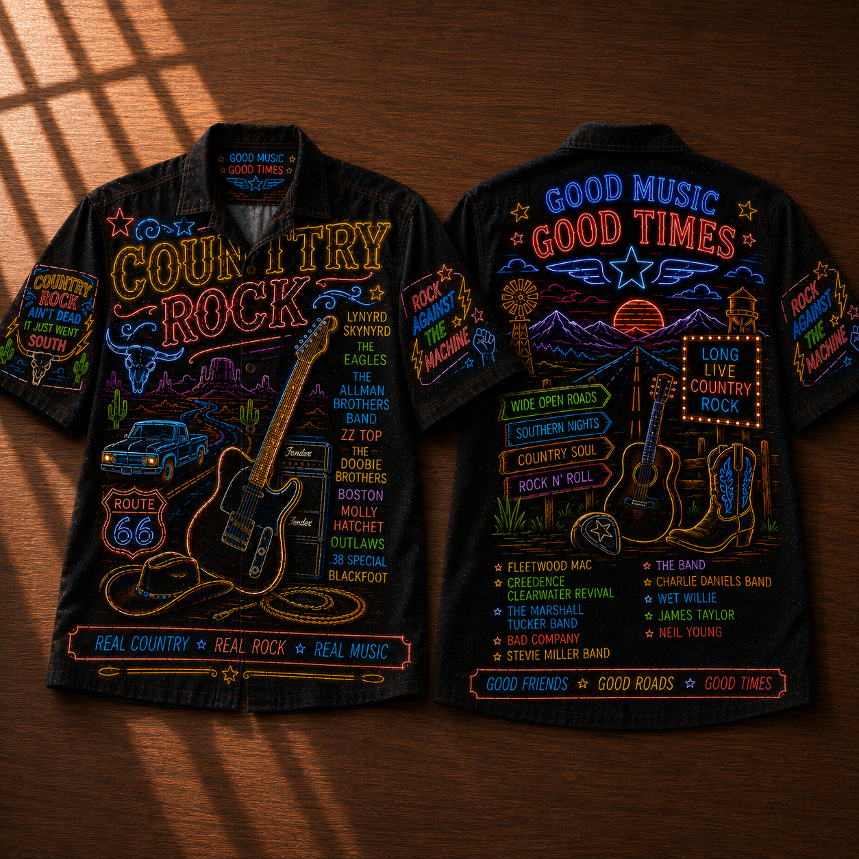 Country Rock Hawaiian Shirt - Unisex Neon Light Fender Guitar Route 66 Button Up