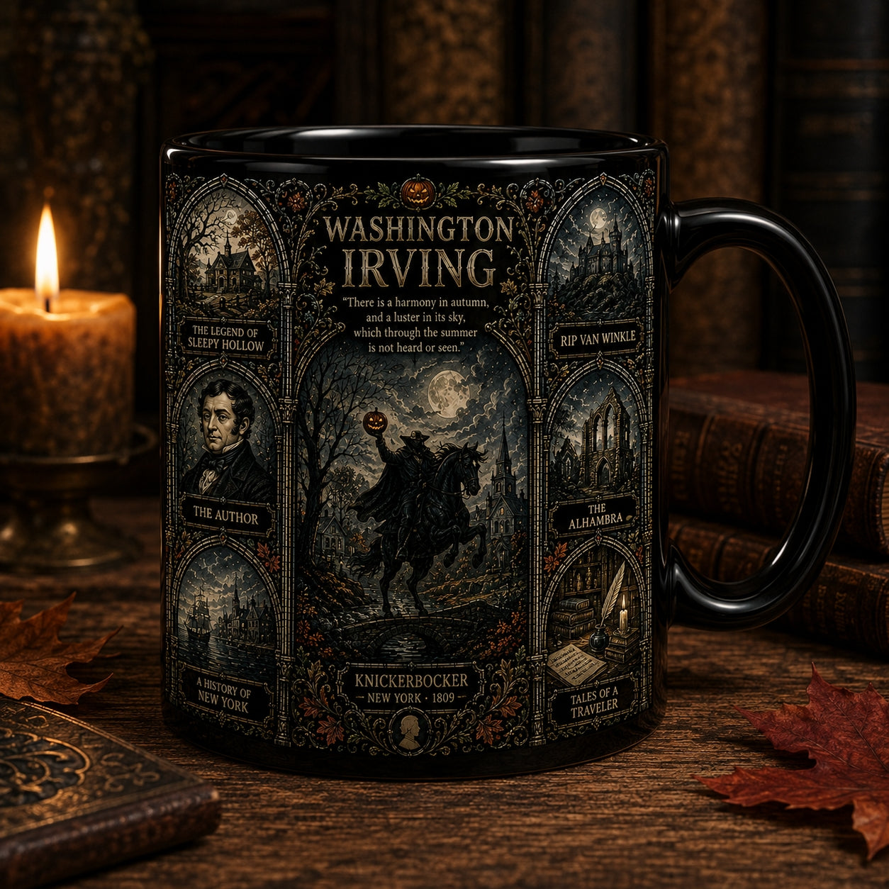 Washington Irving Mug – Stained Glass Sleepy Hollow Headless Horseman Ceramic Coffee Cup
