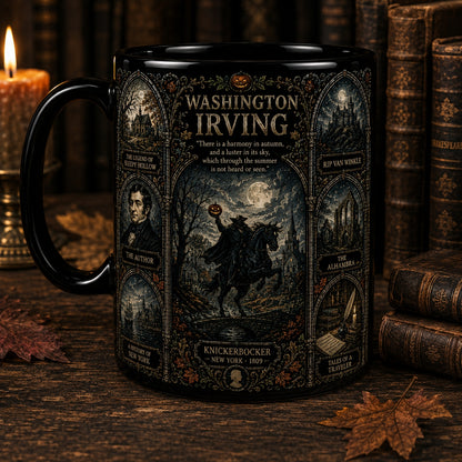Washington Irving Mug – Stained Glass Sleepy Hollow Headless Horseman Ceramic Coffee Cup