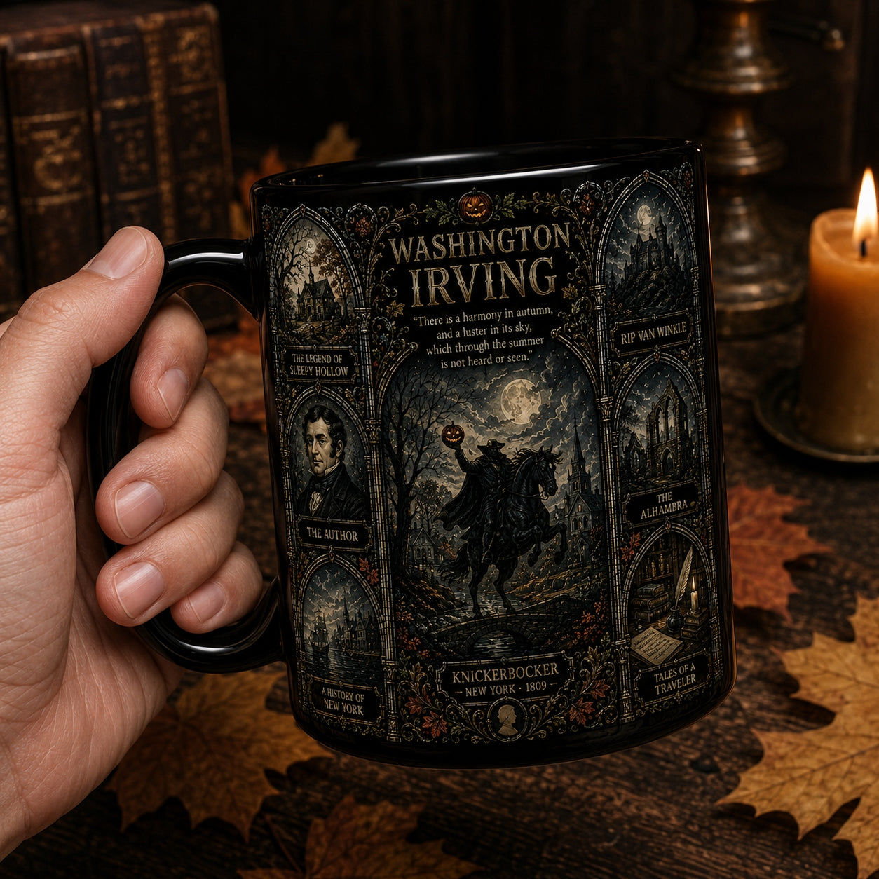 Washington Irving Mug – Stained Glass Sleepy Hollow Headless Horseman Ceramic Coffee Cup