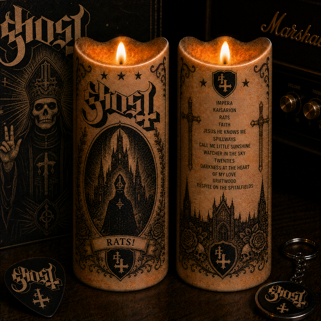 Ghost Flameless LED Candle, Impera Music Candle, Gothic Metal Fan Gift, Battery Operated LED Home Decor