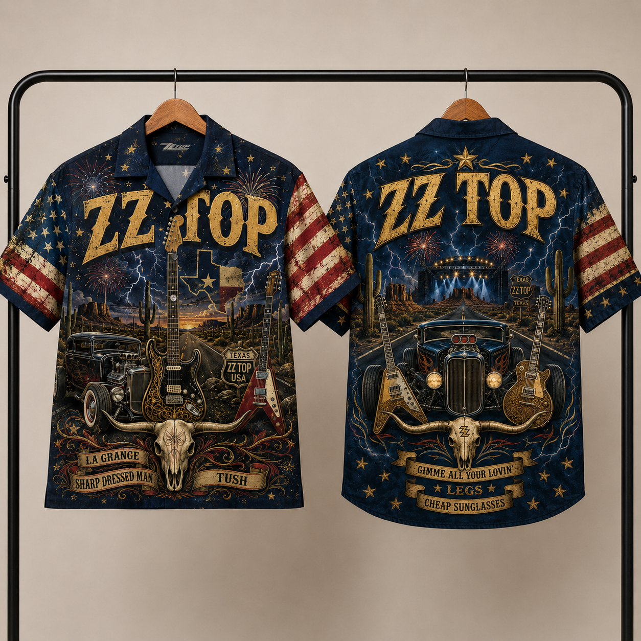 ZZ Top Hawaiian Shirt - Unisex Vintage Texas Longhorn Skull Hot Rod Car Button Up