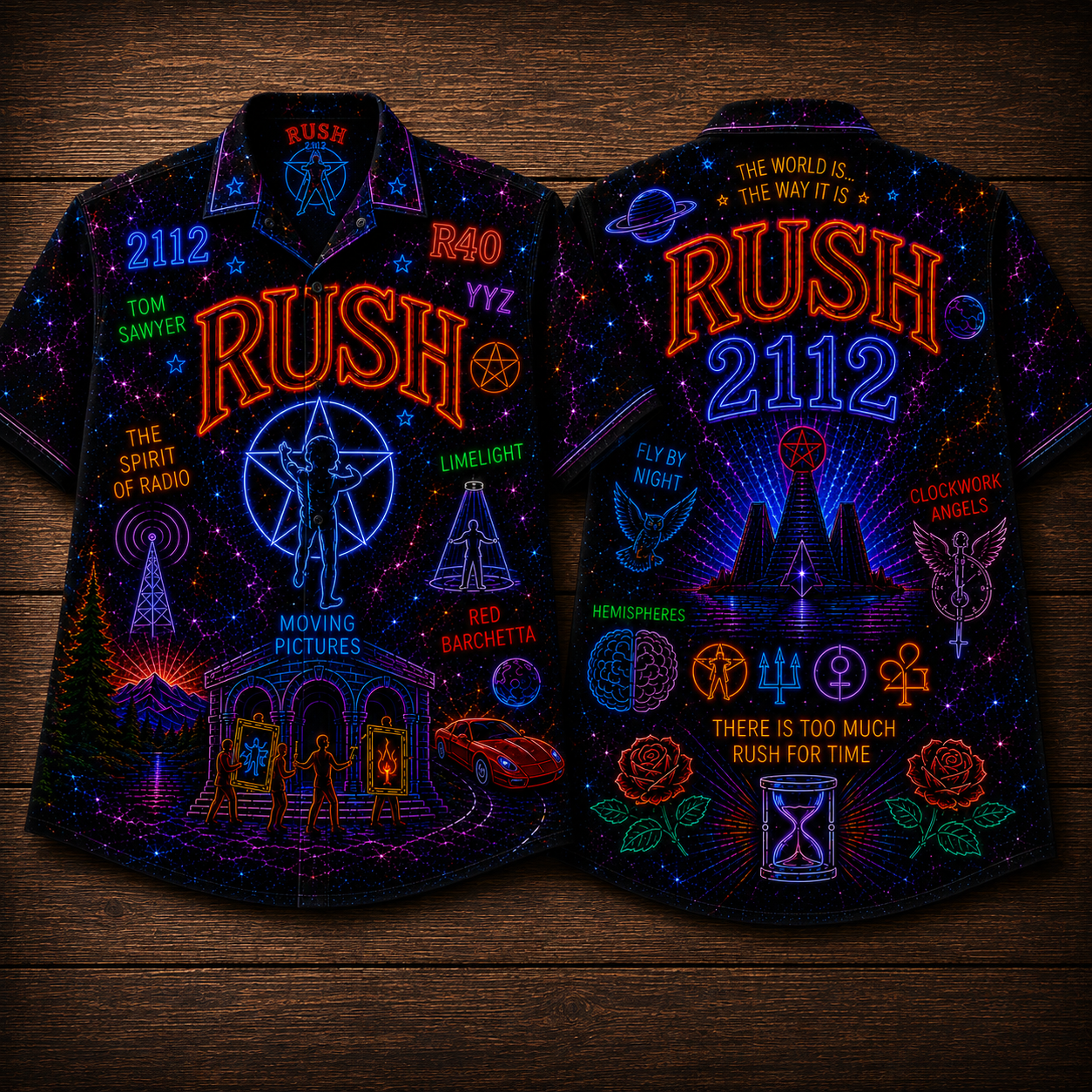 Rush Hawaiian Shirt - Unisex Neon Light Starman Moving Pictures Button Up