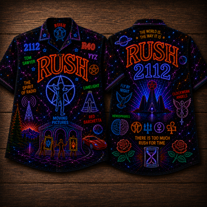 Rush Hawaiian Shirt - Unisex Neon Light Starman Moving Pictures Button Up