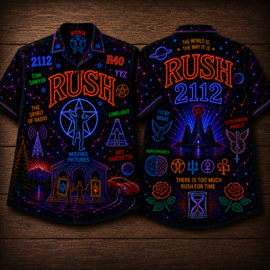 Rush Hawaiian Shirt - Unisex Neon Light Starman Moving Pictures Button Up