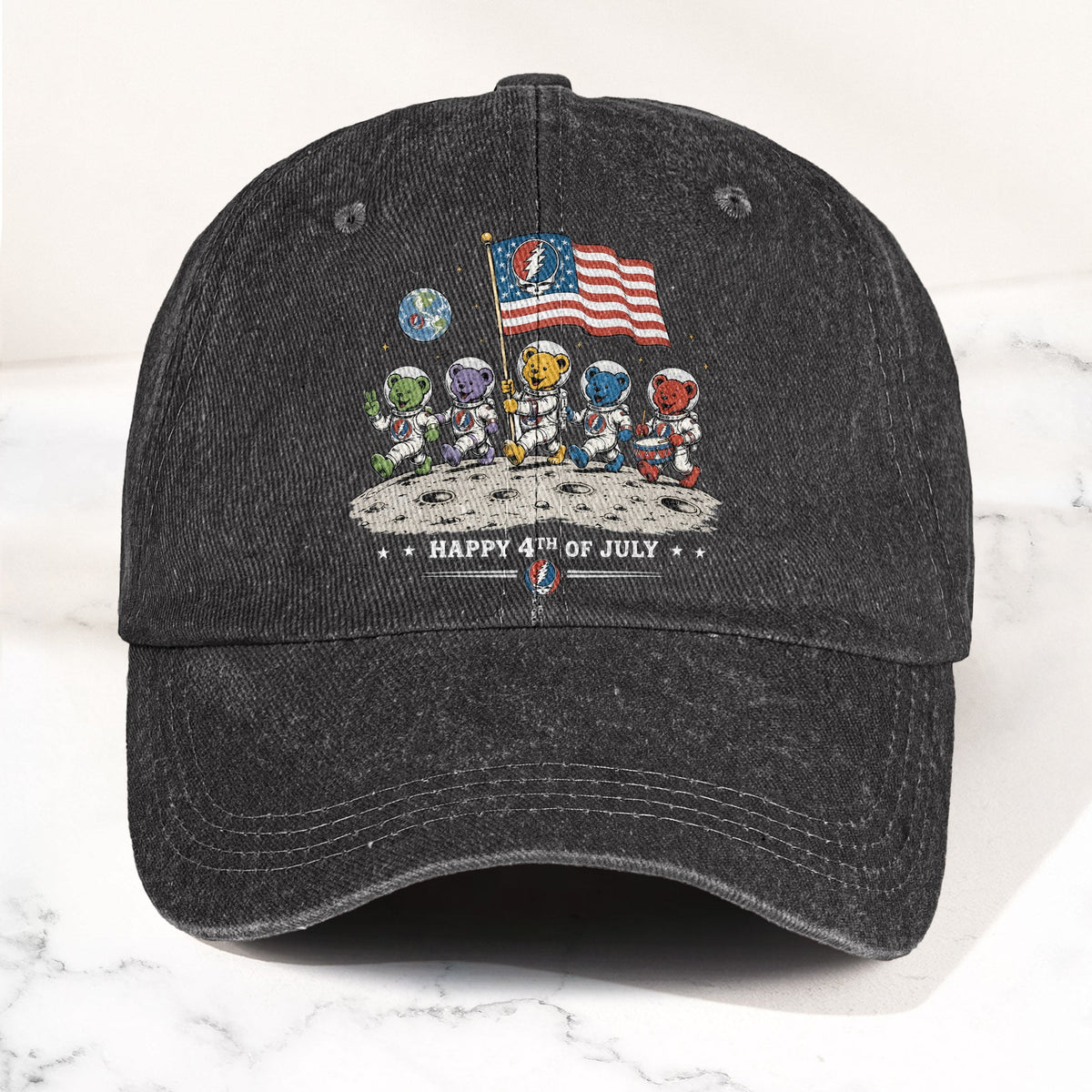 Grateful Dead Happy 4th Of July Dancing Bears Astronaut Patriotic Denim Cap – Retro Vintage Dad Cap Gift For Dad (With Box)