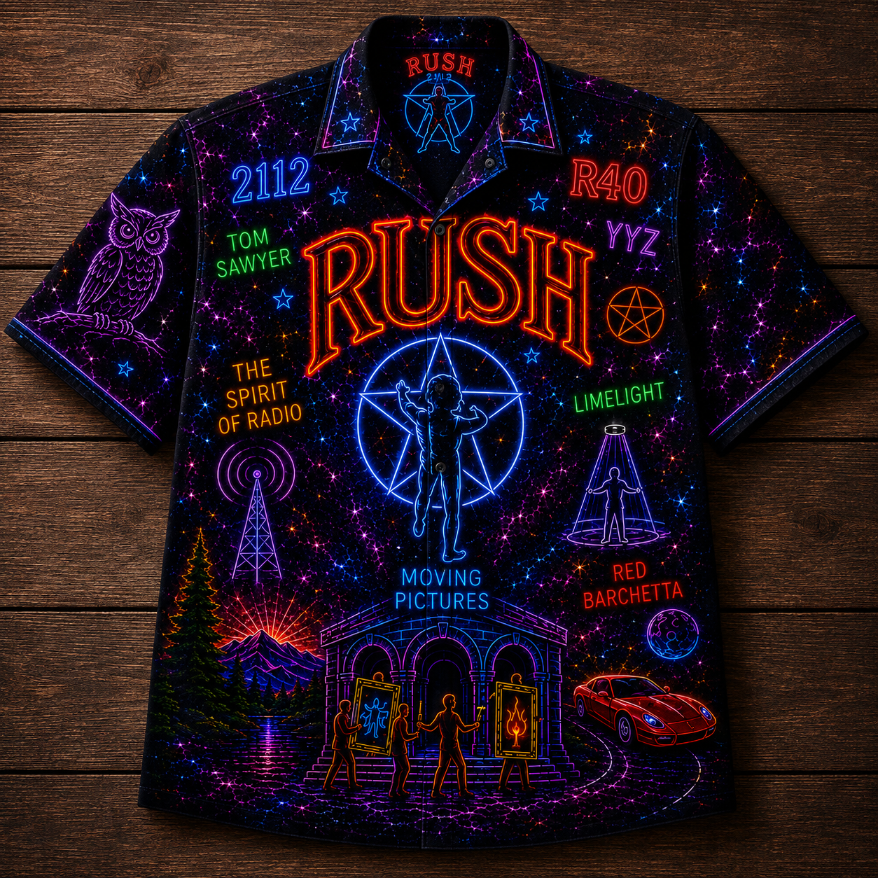Rush Hawaiian Shirt - Unisex Neon Light Starman Moving Pictures Button Up