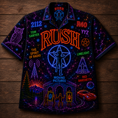Rush Hawaiian Shirt - Unisex Neon Light Starman Moving Pictures Button Up